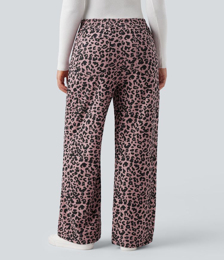 High Waisted Leopard Print Corduroy Casual Baggy Trousers with Pockets