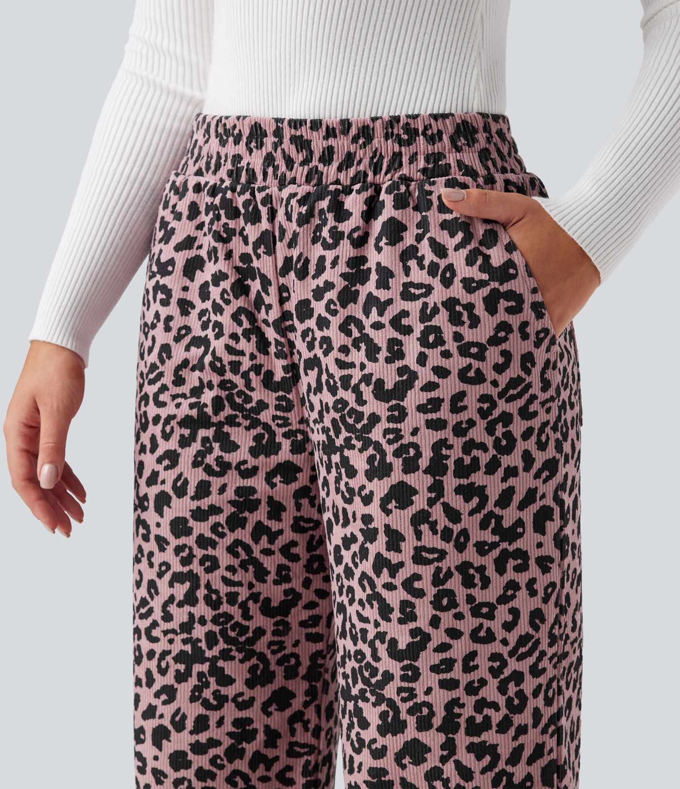 High Waisted Leopard Print Corduroy Casual Baggy Trousers with Pockets