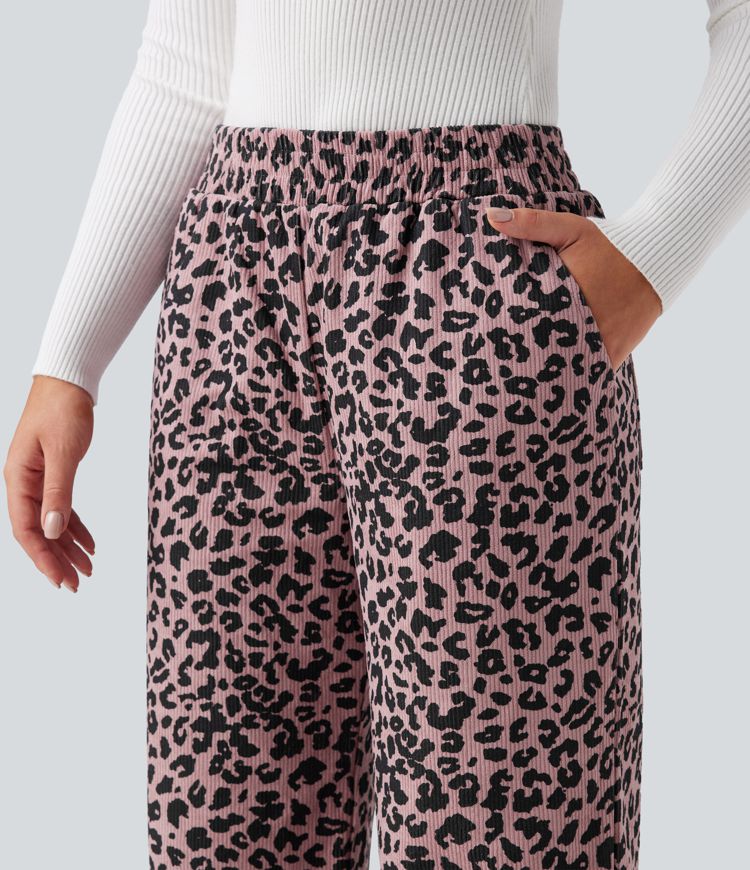 High Waisted Leopard Print Corduroy Casual Baggy Trousers with Pockets