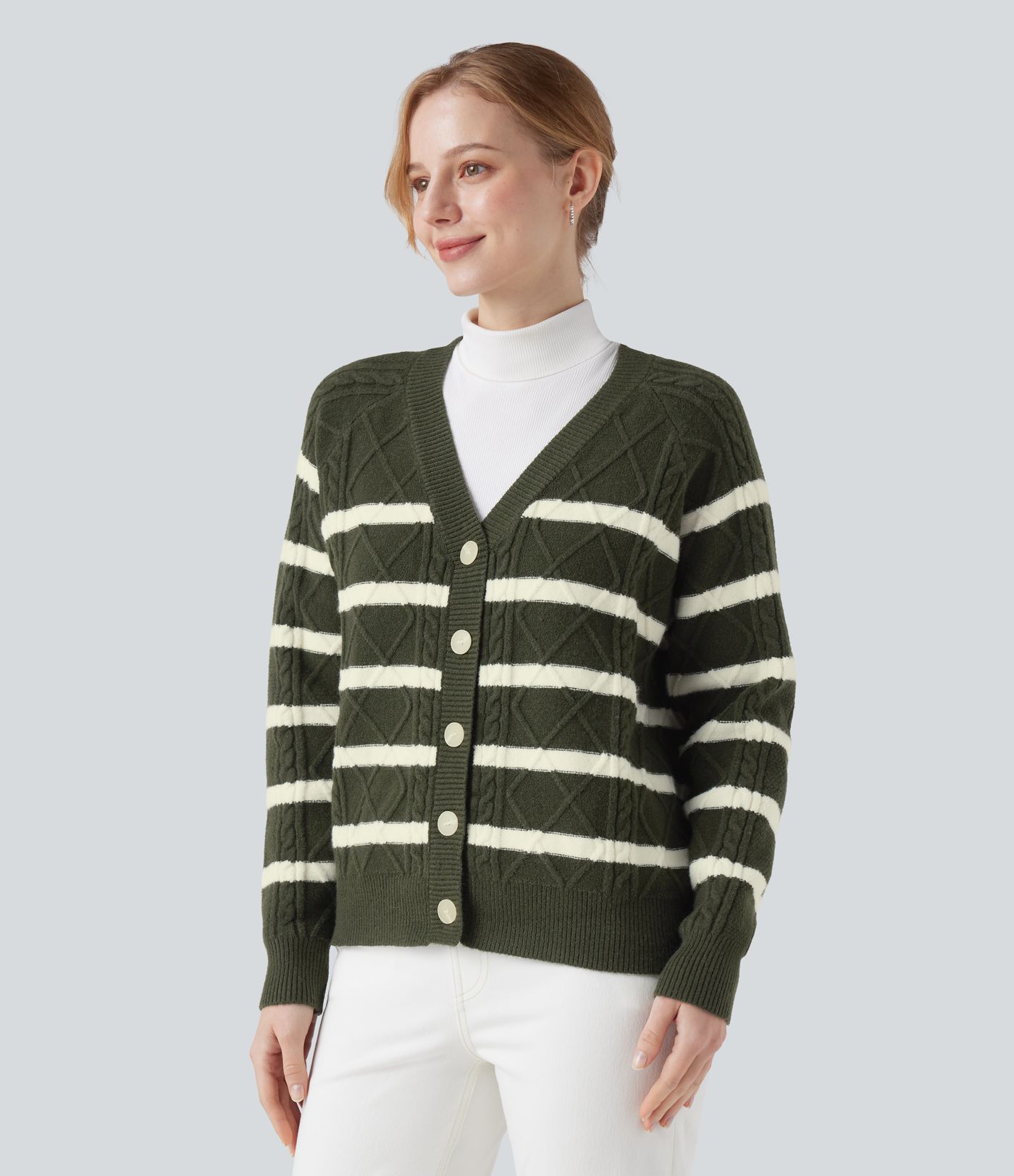 V-neck Long Sleeve Striped Casual Cardigan