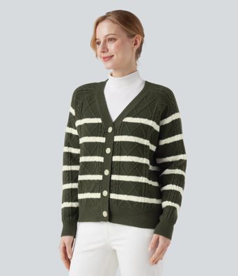 V-neck Long Sleeve Striped Casual Cardigan