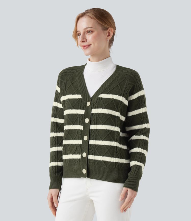 V-neck Long Sleeve Striped Casual Cardigan
