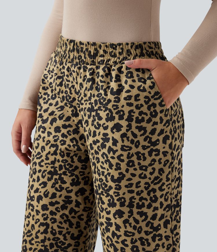 High Waisted Leopard Print Corduroy Casual Baggy Pants with Pockets