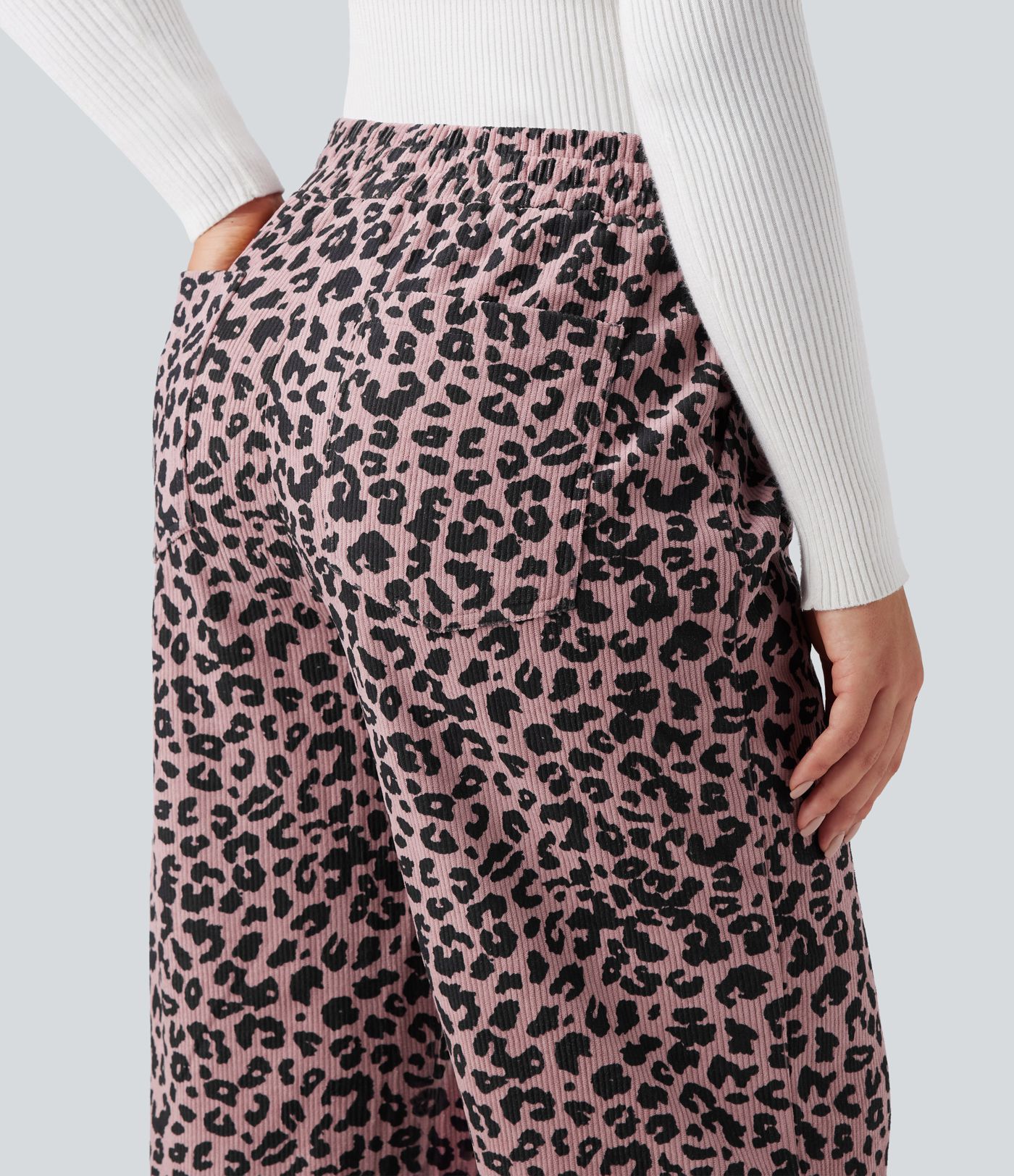 High Waisted Leopard Print Corduroy Casual Baggy Trousers with Pockets