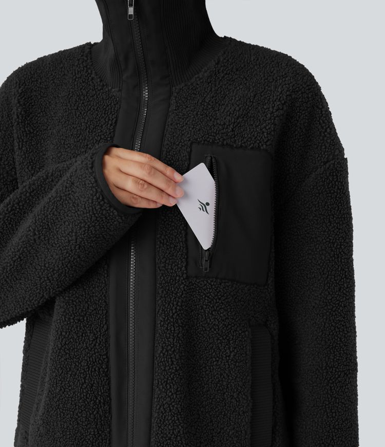 Veste de sport sherpa à manches longues avec ourlet asymétrique arrondi et poches
