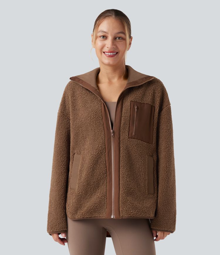 Long Sleeve High-Low Curved Hem Workout Sherpa Jacket with Pockets