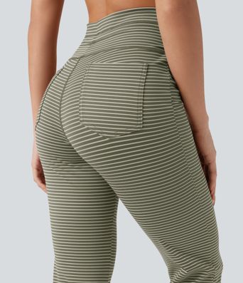 Hohe Taille Kordelzug Streifen Ausgestellte Yoga-Hose mit Taschen