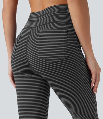 Höga midjade randiga yogabyxor med vida ben och fickor med dragsko