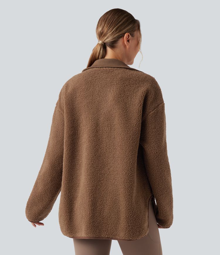 Long Sleeve High-Low Curved Hem Workout Sherpa Jacket with Pockets