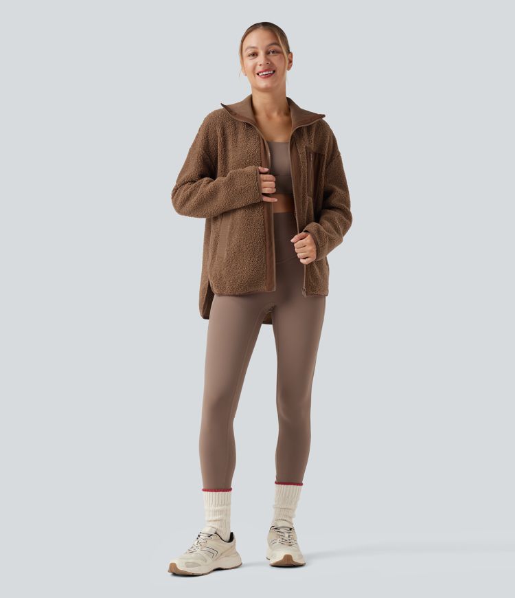 Long Sleeve High-Low Curved Hem Workout Sherpa Jacket with Pockets