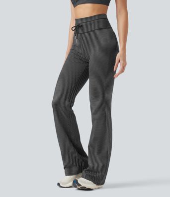 Höga midjade randiga yogabyxor med vida ben och fickor med dragsko