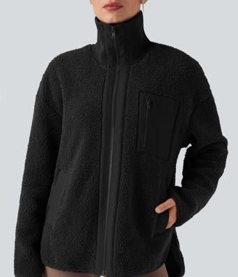 Veste de sport sherpa à manches longues avec ourlet asymétrique arrondi et poches