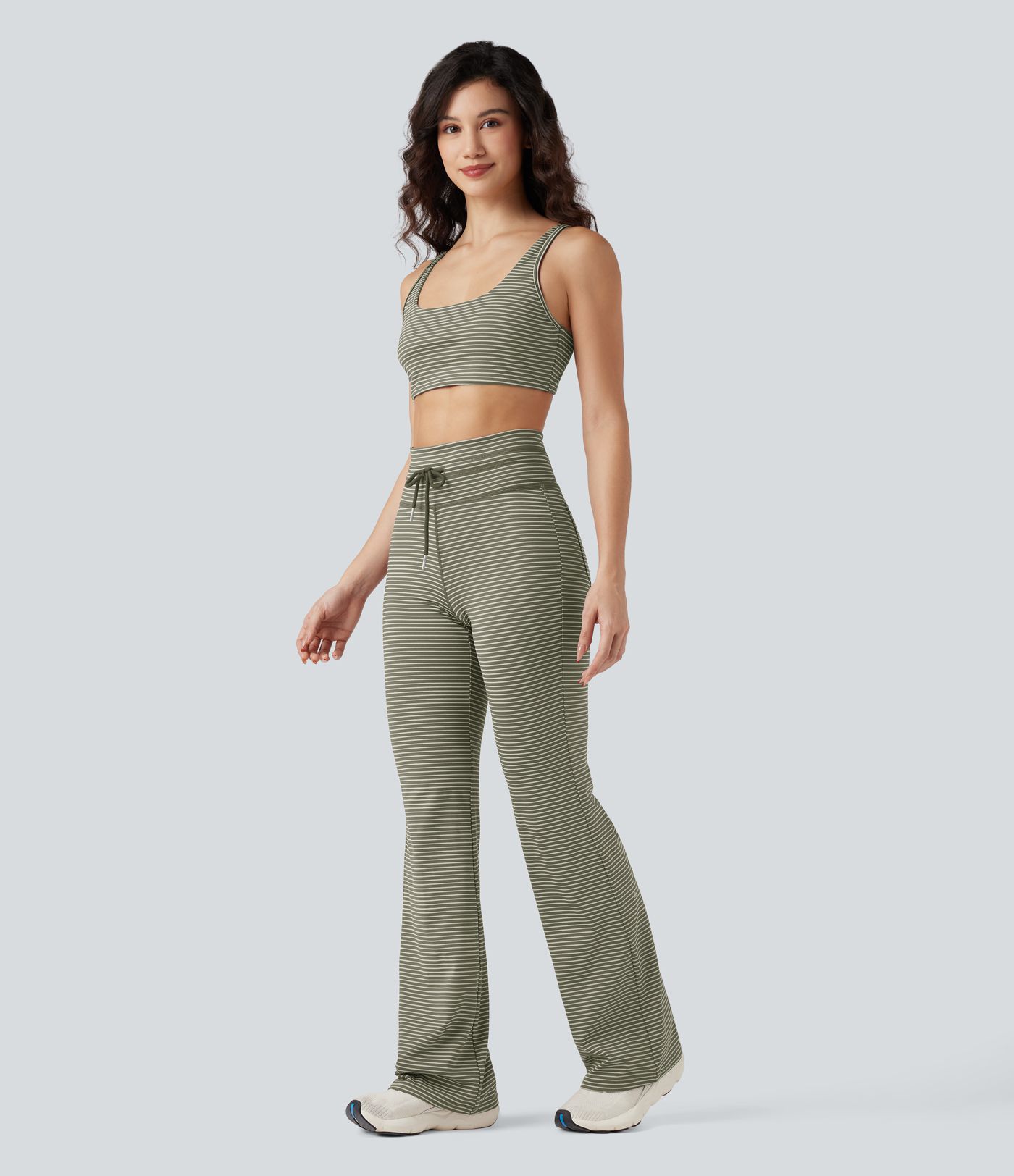 Hohe Taille Kordelzug Streifen Ausgestellte Yoga-Hose mit Taschen