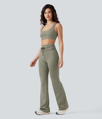 Hohe Taille Kordelzug Streifen Ausgestellte Yoga-Hose mit Taschen