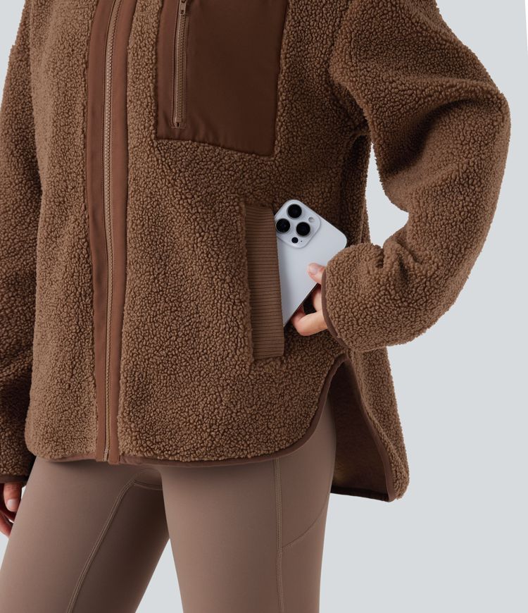 Long Sleeve High-Low Curved Hem Workout Sherpa Jacket with Pockets