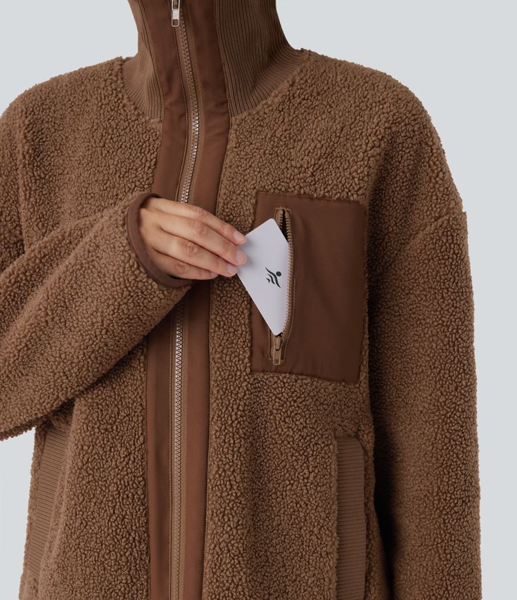 Long Sleeve High-Low Curved Hem Workout Sherpa Jacket with Pockets