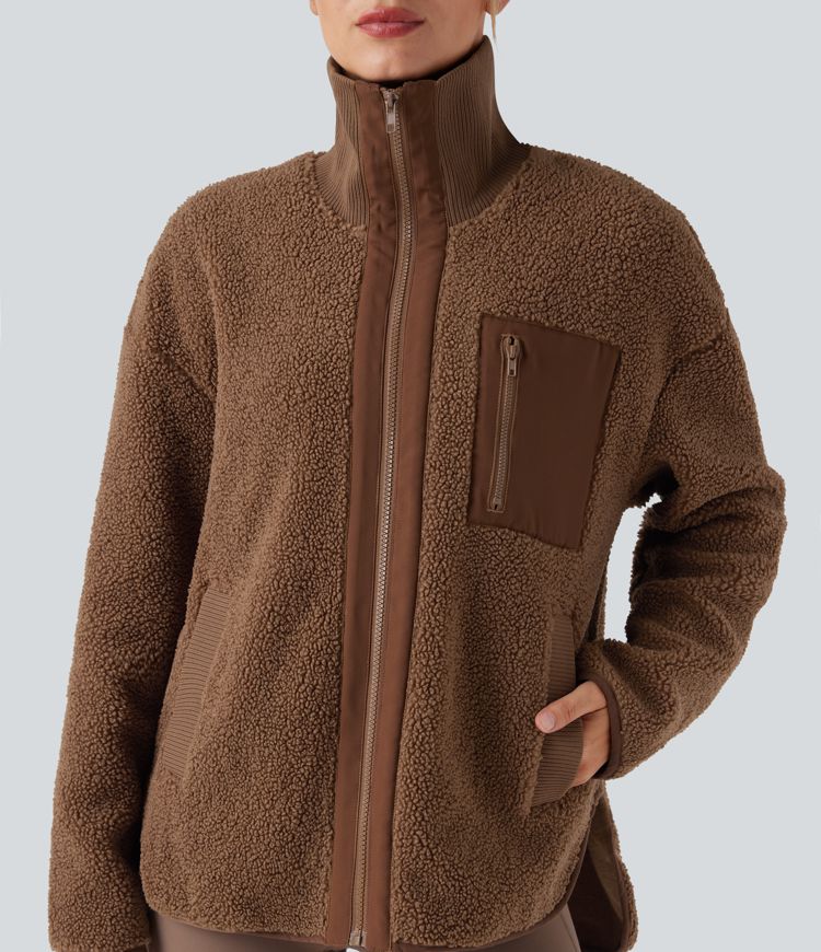 Long Sleeve High-Low Curved Hem Workout Sherpa Jacket with Pockets