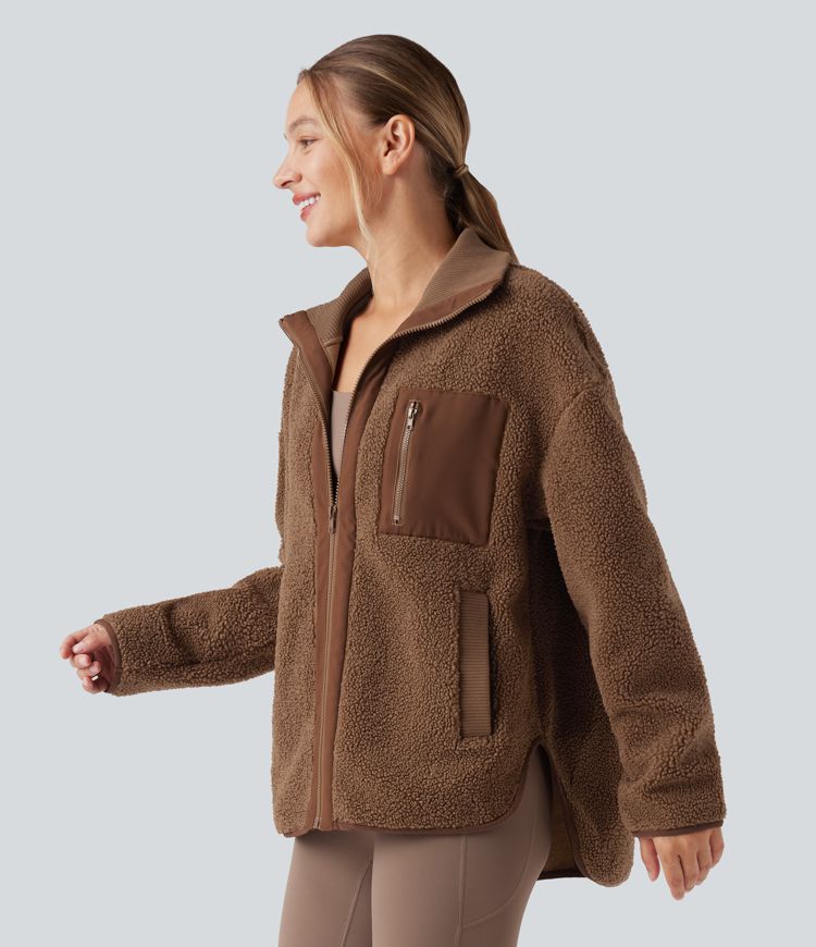 Long Sleeve High-Low Curved Hem Workout Sherpa Jacket with Pockets