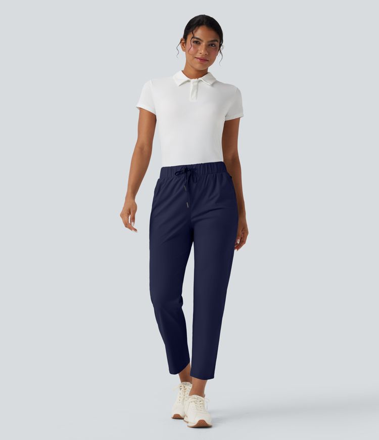 High Waisted Drawstring Pockets Quick Dry Golf Tapered Trousers-Golf Tee Pocket