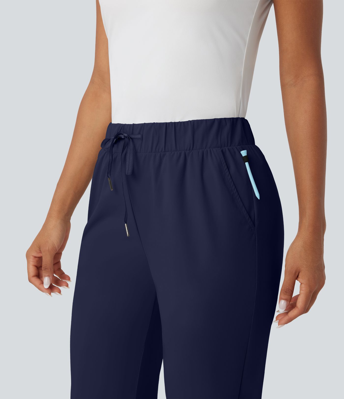 High Waisted Drawstring Pockets Quick Dry Golf Tapered Trousers-Golf Tee Pocket