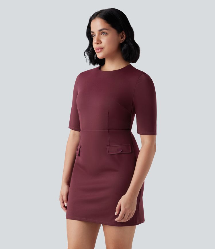 Round Neck Half Sleeve Longer Mini Work Dress with Pockets