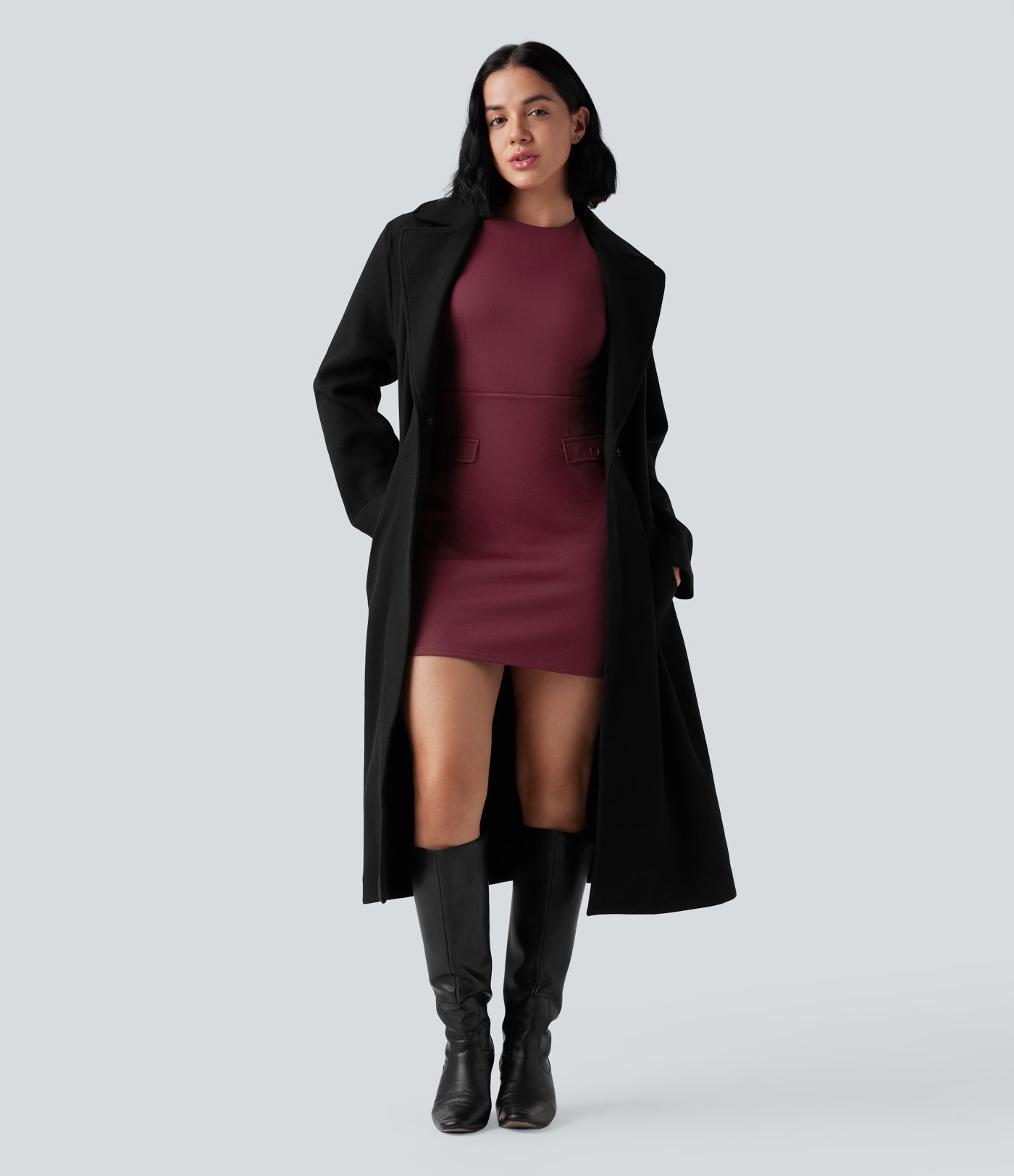 Round Neck Half Sleeve Longer Mini Work Dress with Pockets