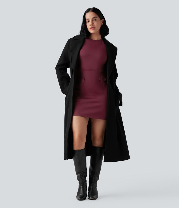 Round Neck Half Sleeve Longer Mini Work Dress with Pockets