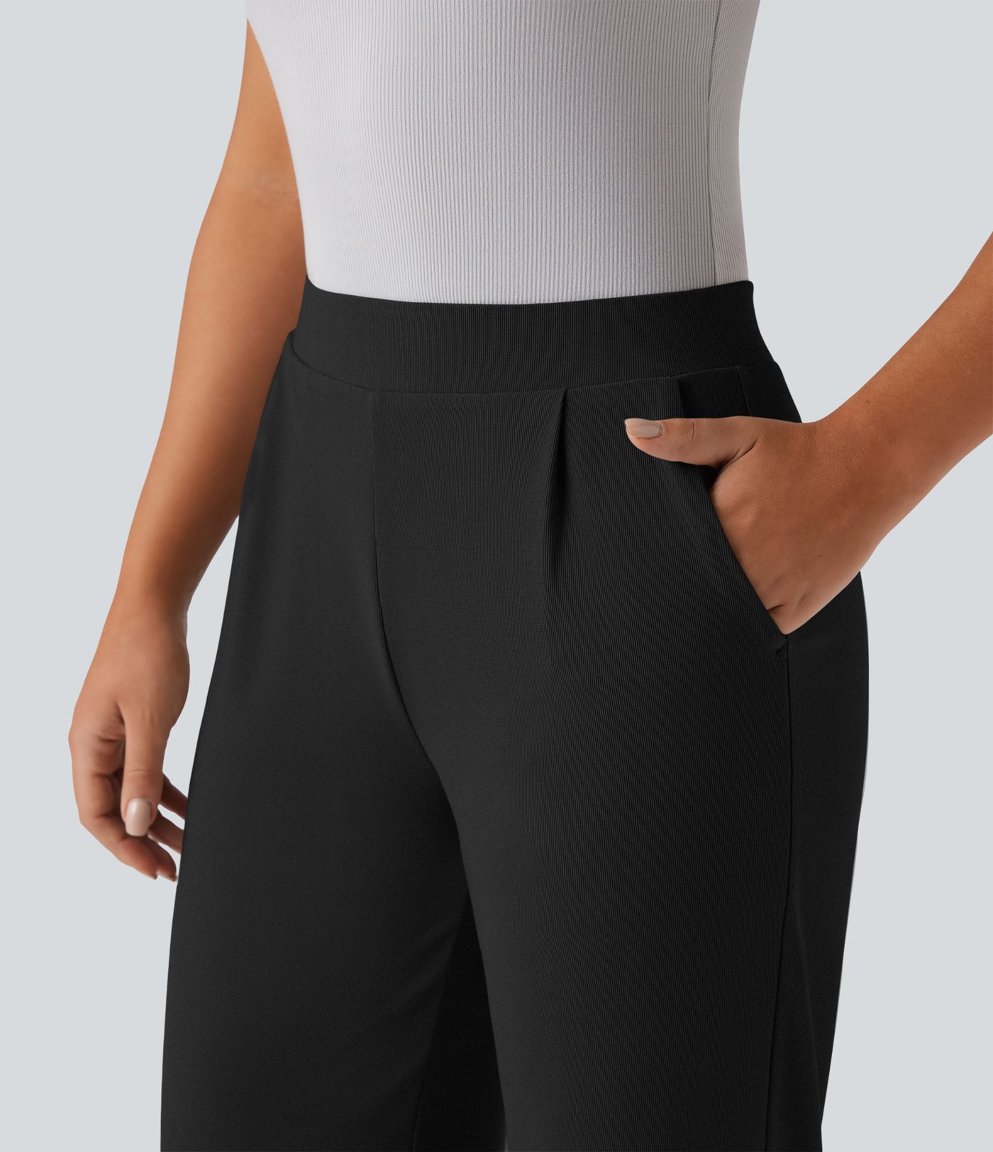 Halara Flex™ Arbeitshose mit hohem Bund, bauchkontrollierend, figurformend und taillenschmälernd, mit weitem Bein, Micro-Waffelstruktur und Taschen