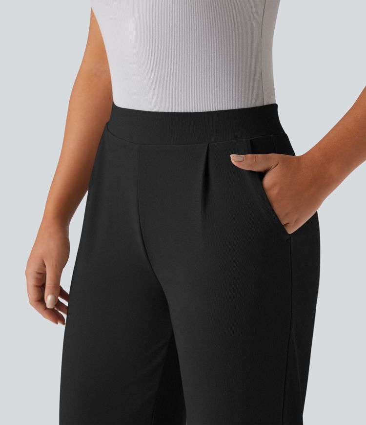 Pantalon tailleur large gainant sculptant taille haute en micro-gaufré avec poches Halara Flex™