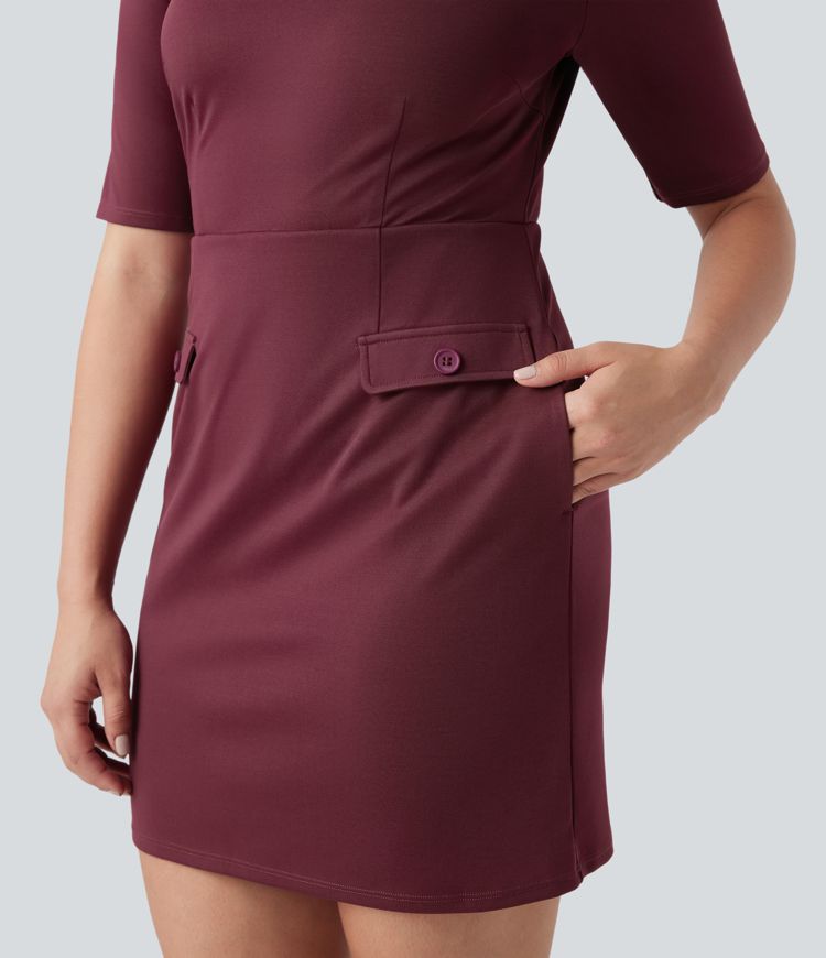 Round Neck Half Sleeve Longer Mini Work Dress with Pockets
