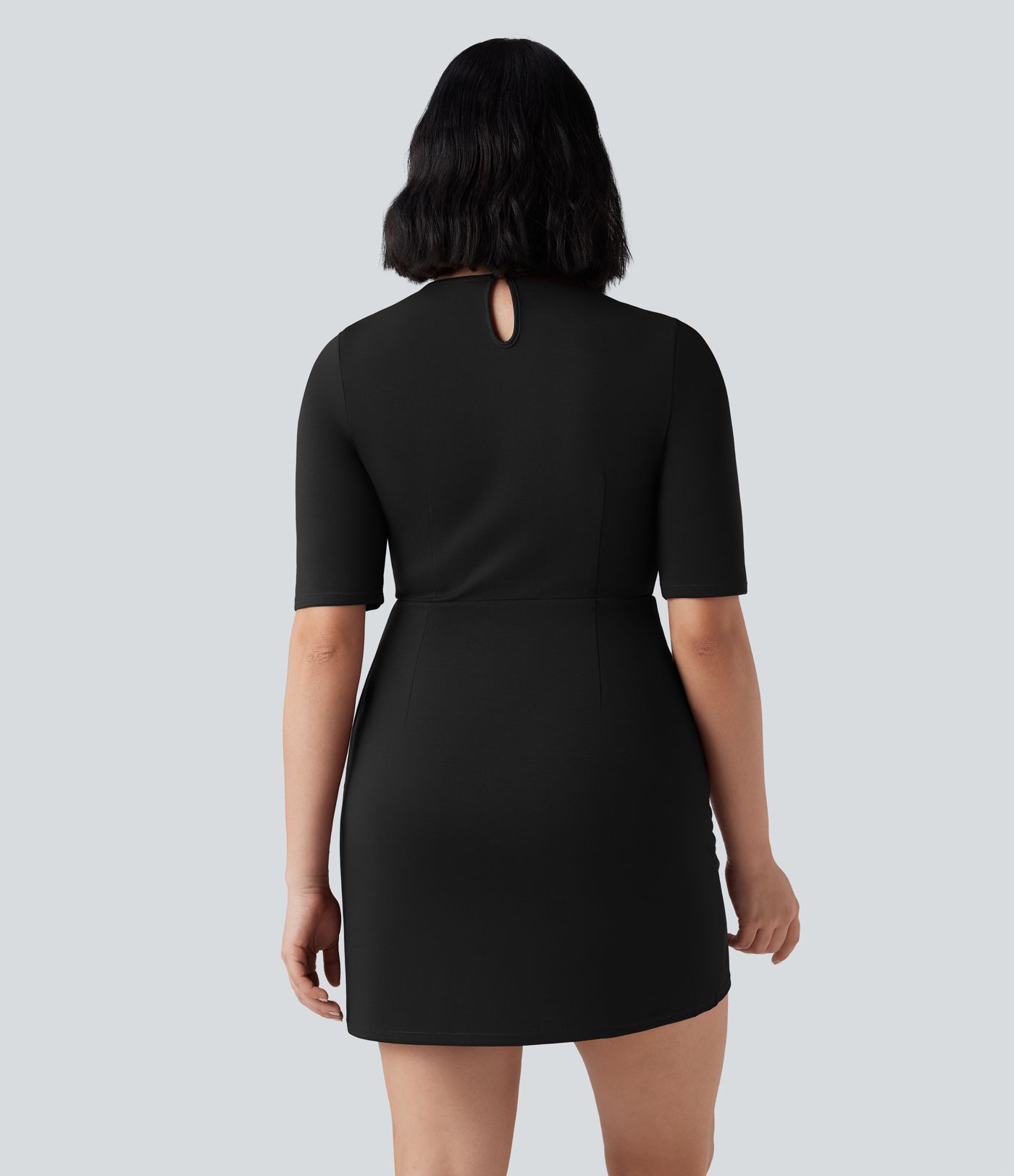 SculptKnit Round Neck Half Sleeve Longer Mini Work Dress with Pockets
