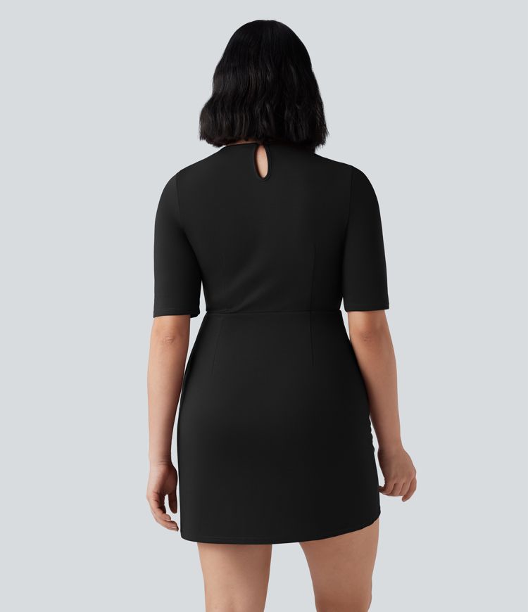 SculptKnit Round Neck Half Sleeve Longer Mini Work Dress with Pockets