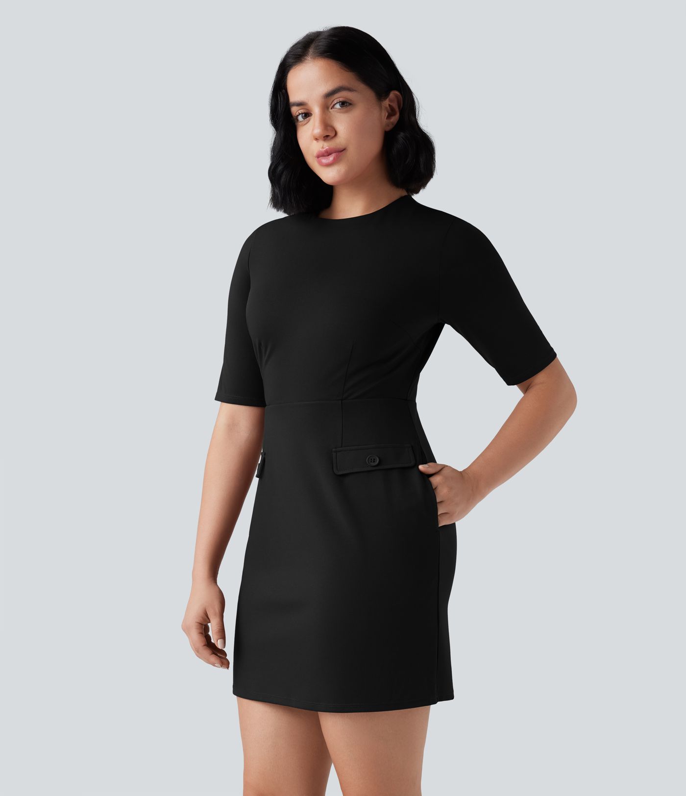 SculptKnit Round Neck Half Sleeve Longer Mini Work Dress with Pockets
