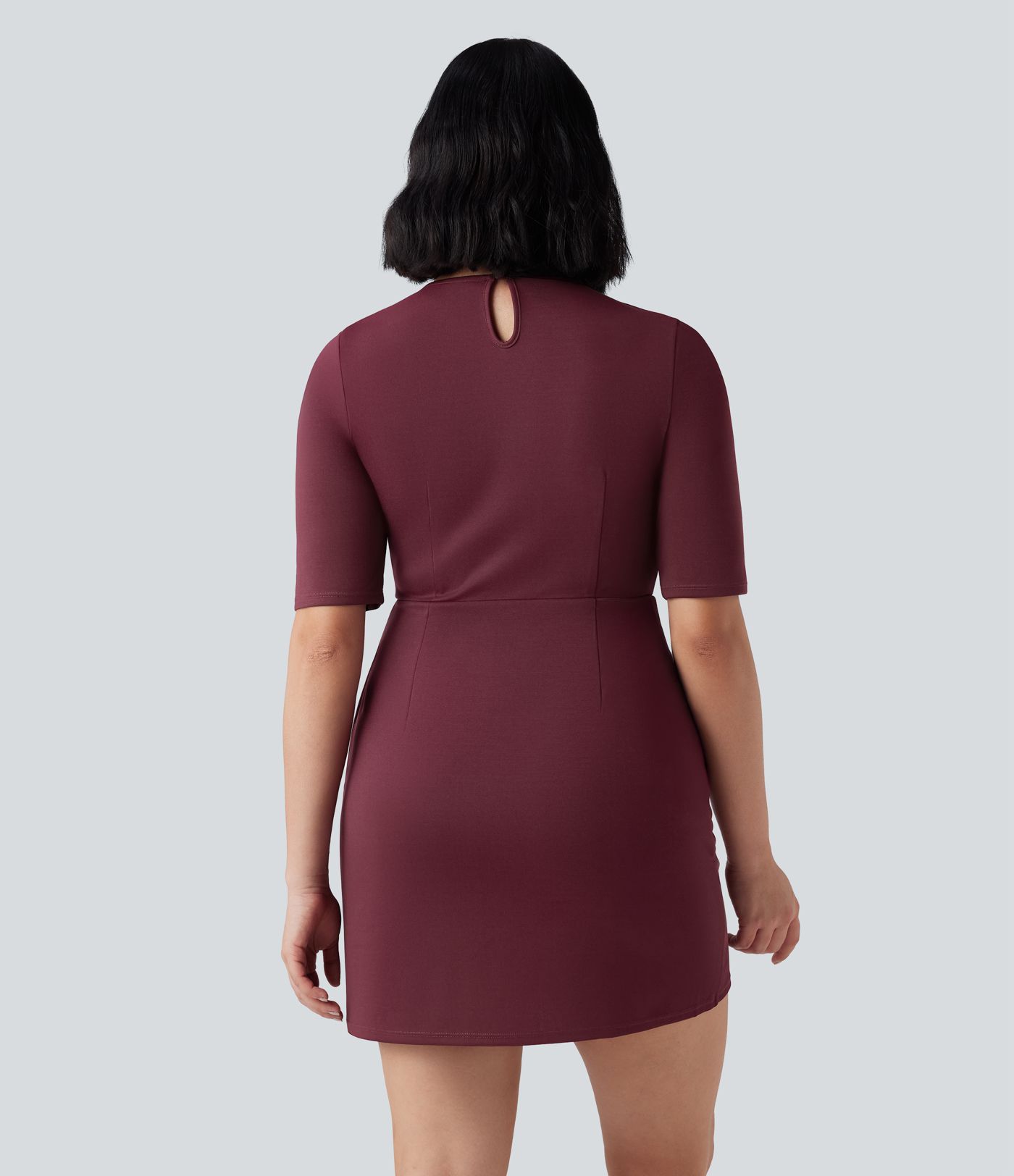 Round Neck Half Sleeve Longer Mini Work Dress with Pockets
