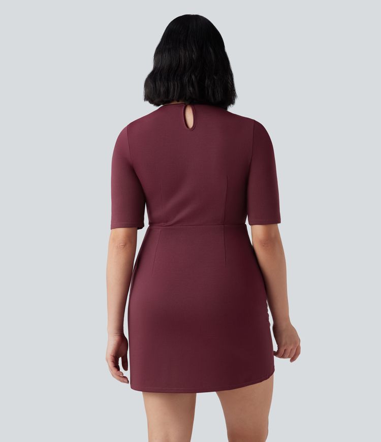 Round Neck Half Sleeve Longer Mini Work Dress with Pockets
