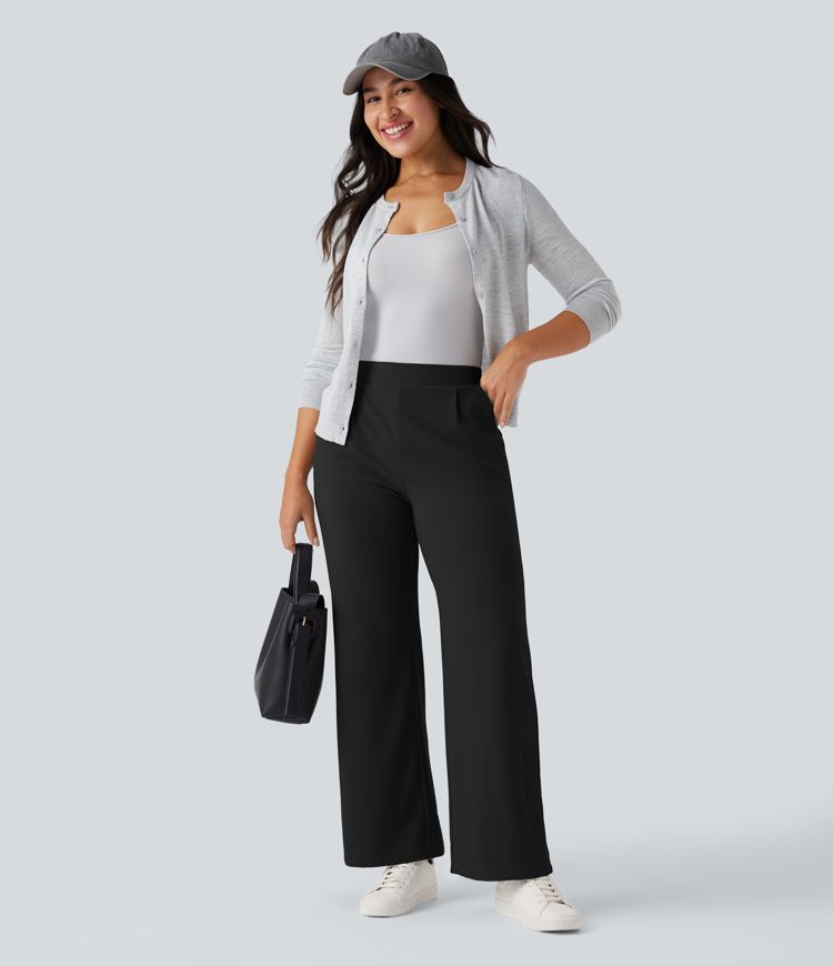 Pantalon tailleur large gainant sculptant taille haute en micro-gaufré avec poches Halara Flex™