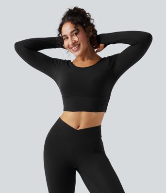 SoftlyZero™ Push-Up Long Sleeve Thumb Hole Contrast Lace Cropped Yoga Sports Top-UPF50+