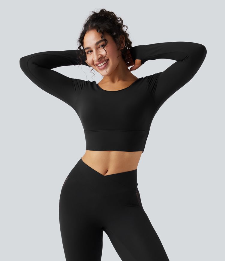SoftlyZero™ Push-Up Long Sleeve Thumb Hole Contrast Lace Cropped Yoga Sports Top-UPF50+