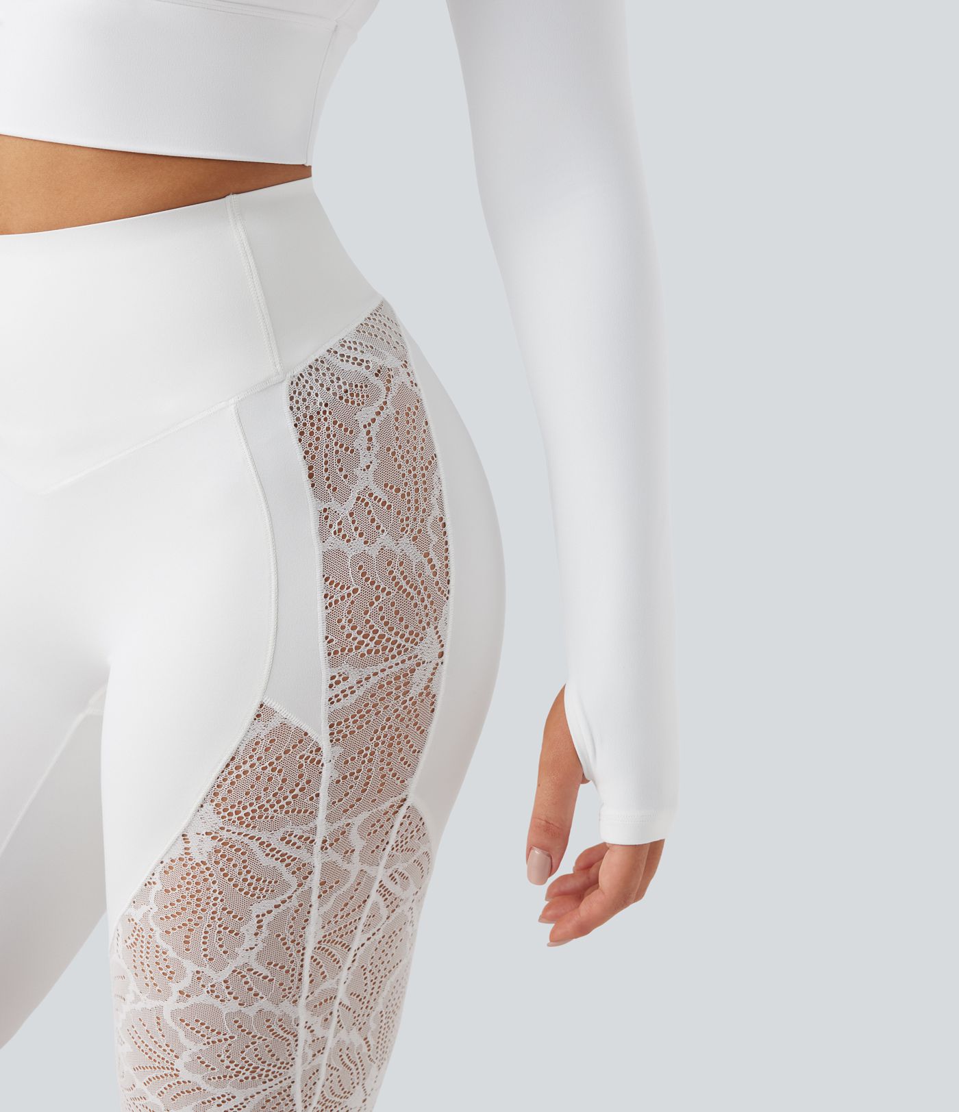 SoftlyZero™ Push-Up Long Sleeve Thumb Hole Contrast Lace Cropped Yoga Sports Top-UPF50+