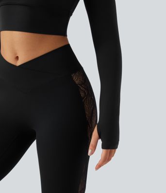 SoftlyZero™ Push-Up Long Sleeve Thumb Hole Contrast Lace Cropped Yoga Sports Top-UPF50+