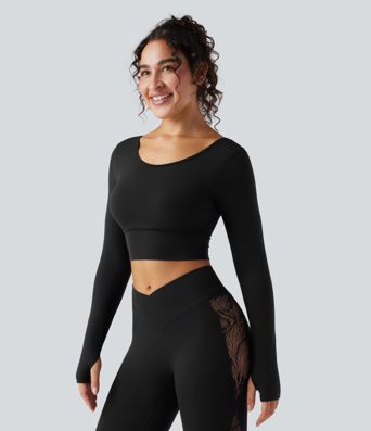 SoftlyZero™ Push-Up Long Sleeve Thumb Hole Contrast Lace Cropped Yoga Sports Top-UPF50+
