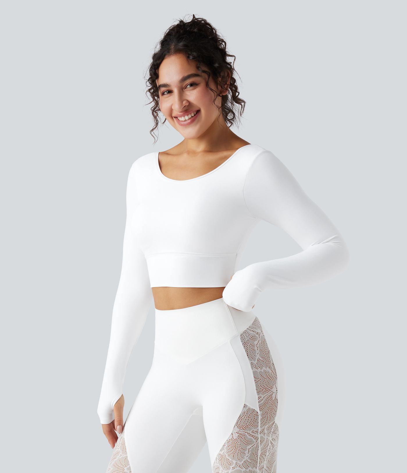 SoftlyZero™ Push-Up Long Sleeve Thumb Hole Contrast Lace Cropped Yoga Sports Top-UPF50+