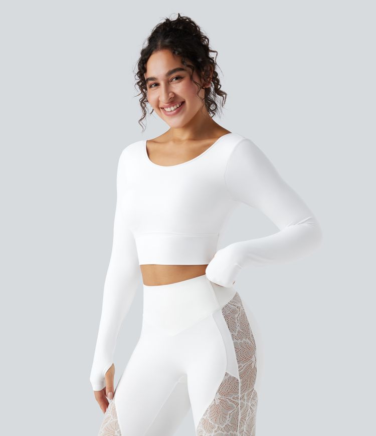 SoftlyZero™ Push-Up Long Sleeve Thumb Hole Contrast Lace Cropped Yoga Sports Top-UPF50+