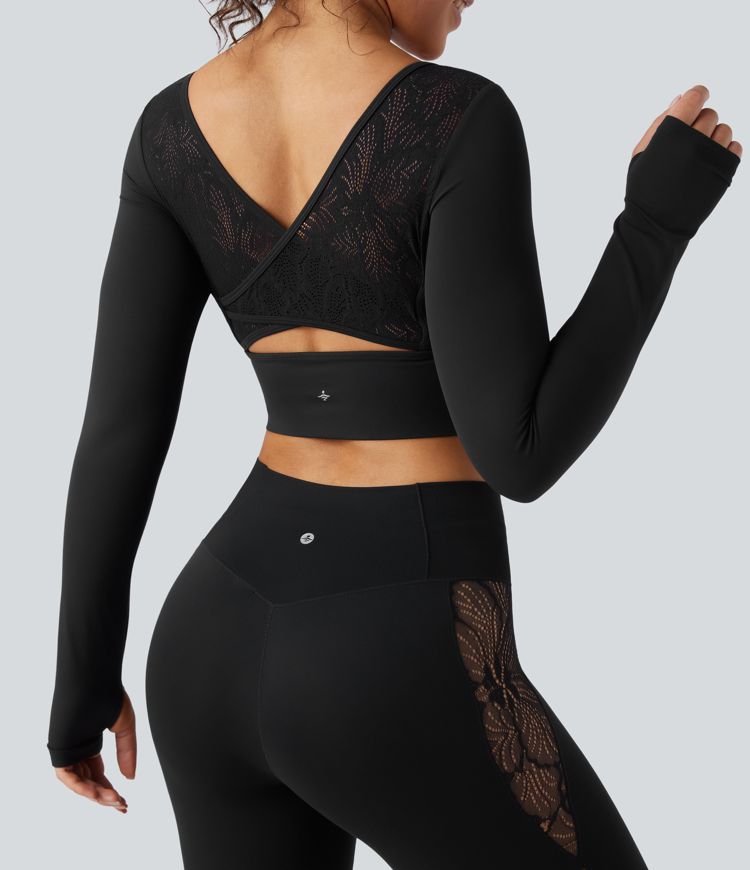 SoftlyZero™ Push-Up Long Sleeve Thumb Hole Contrast Lace Cropped Yoga Sports Top-UPF50+