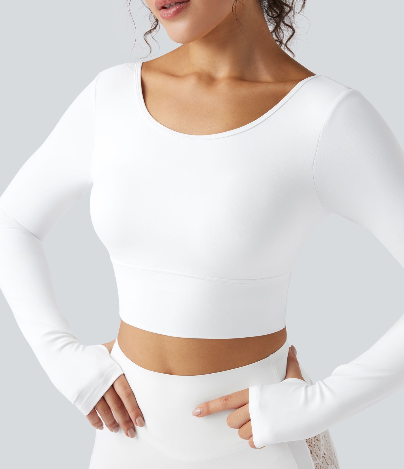 SoftlyZero™ Push-Up Long Sleeve Thumb Hole Contrast Lace Cropped Yoga Sports Top-UPF50+
