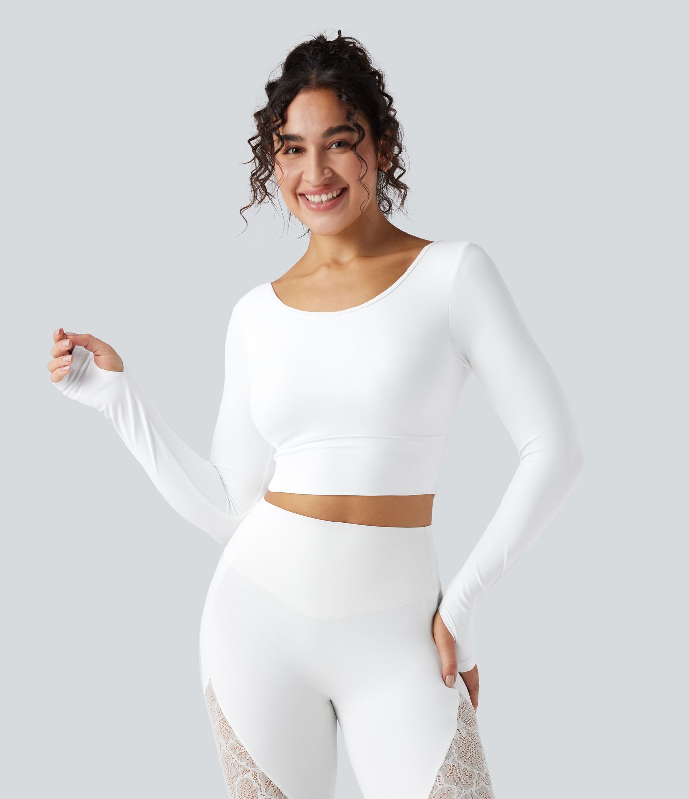 SoftlyZero™ Push-Up Long Sleeve Thumb Hole Contrast Lace Cropped Yoga Sports Top-UPF50+