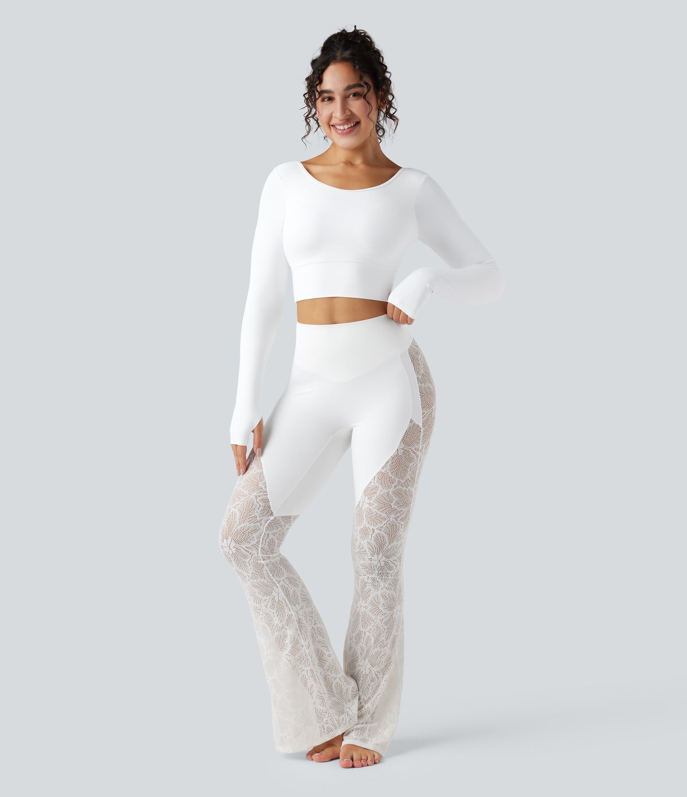 SoftlyZero™ Push-Up Long Sleeve Thumb Hole Contrast Lace Cropped Yoga Sports Top-UPF50+