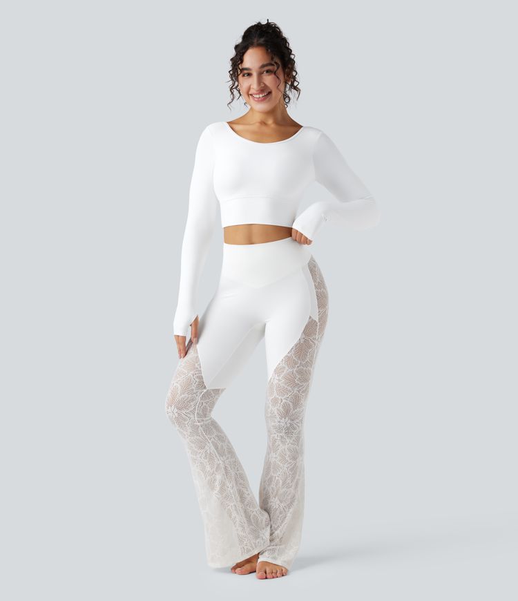 SoftlyZero™ Push-Up Long Sleeve Thumb Hole Contrast Lace Cropped Yoga Sports Top-UPF50+