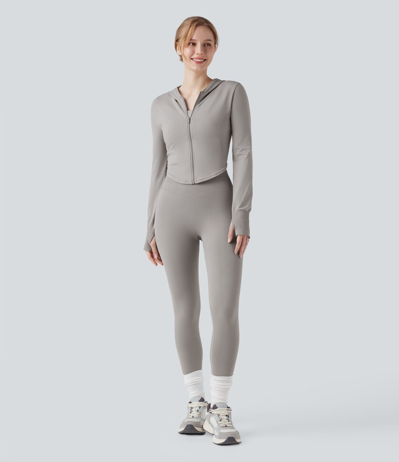 OneForm Seamless Flow Hooed Zipper Long Sleeve Thumb Hole Curved Hem Yoga Jacket