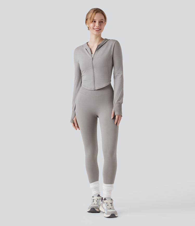 OneForm Seamless Flow Hooed Zipper Long Sleeve Thumb Hole Curved Hem Yoga Jacket